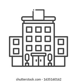 Hotel black line icon. Building: apartment, motel, hostel sign. Real estate. Pictogram for web page, mobile app, promo. UI UX GUI design element. Editable stroke.