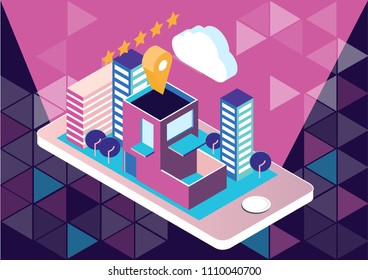 Hotel booking app mobile concept isometric 3D design vector illustration