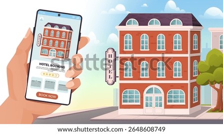 Hotel booking application. Hand with smartphone near red building. App for travelers and tourists. Room reservations and accommodations. Hostel and motel. Flat vector illustration