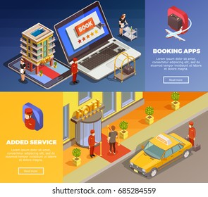 Hotel booking applications with added service isometric infographic colorful horizontal banners set isolated vector illustration