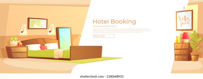 Hotel booking banner concept. Modern design a bedroom interior. Luxury furniture. Vector cartoon illustration. 