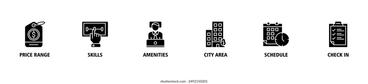 Hotel booking banner web icon set vector symbol illustration concept with icon of price range, select, amenities, city area, schedule, check in