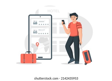 Hotel booking concept in flat design. Man tourist with luggage choosing apartment using mobile app. Traveler goes on vacation and reserving hostel room. Vector illustration with people scene for web