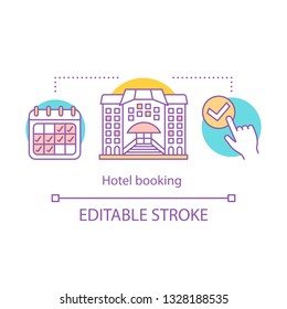 Hotel booking concept icon. Check-in and check-out date. Apartment reservation. Choosing hostel, dormitory. Trip planning idea thin line illustration. Vector isolated outline drawing. Editable stroke