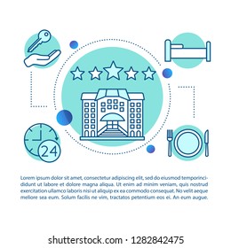 Hotel booking concept linear illustration. Accommodation, apartment. Article, brochure, magazine page. Five star hotel. All inclusive services with text. Print design. Vector isolated outline drawing