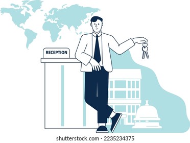 Hotel booking concept. Man on reception holding room key