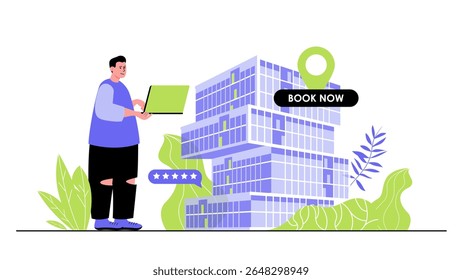 Hotel booking concept for modern web design. People planning trip and renting house or room using laptop, searching travel apartment by internet. Flat vector illustration isolated on white background.