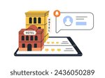 Hotel booking, hostel room choosing, travel apartment, accommodation search online, concept. Feedback, review, rank, opinion in internet. Flat vector illustration isolated on white background