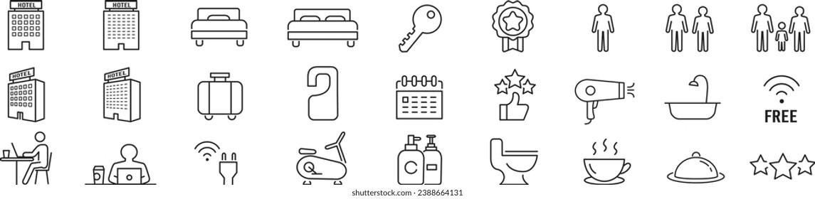 Hotel booking, Hostel room, Rental property, Apartment, Reservation, Airport shuttle, Bath, Wi-fi, line icon editable stroke collection vector