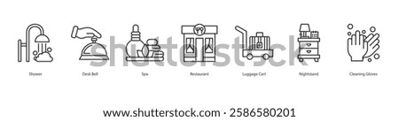 Hotel Booking Icon Sheet Shower, Desk Bell, Spa, Restaurant, Luggage Cart, Nightstand, Cleaning Gloves