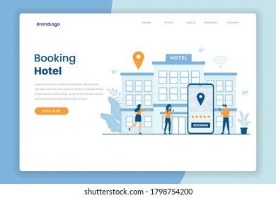 Hotel booking illustration landing page template. Illustration for websites, landing pages, mobile applications, posters and banners