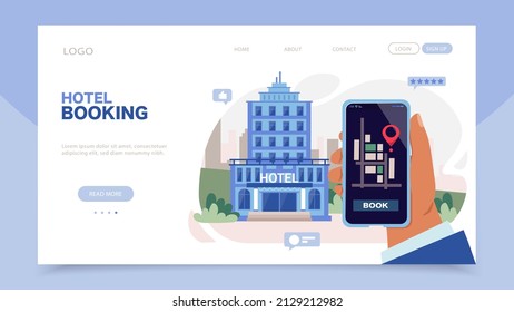 Hotel booking landing page template. Online booking, apartment search and reservation. Concept of online service for early booking. Colorful website vector illustration in modern flat style. 