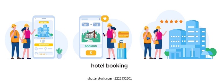 hotel booking on gadget, vacation concept, online book, traveling, tourist, flat vector illustration