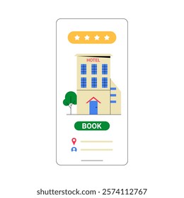 Hotel Booking On Mobile App With Five Star Hotel Display In Flat Vector Illustration Symbolizing Travel Planning, Lodging Reservation, And Digital Booking, Isolated On White Background.