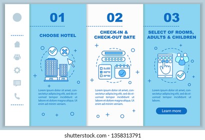 Hotel booking onboarding mobile web pages vector template. Choosing accommodation, apartment. Hostel, motel. Responsive smartphone website interface. Webpage walkthrough step screens. Color concept