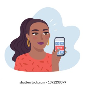 Hotel booking online. African-American woman searching for rent accommodations on smartphone with book button and bed icon on screen. Mobile application and modern technology concept. 