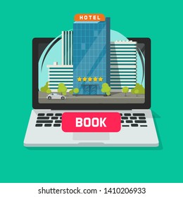 Hotel booking online using computer vector illustration, flat cartoon laptop with city hotel and book button on display, reservation technology concept 