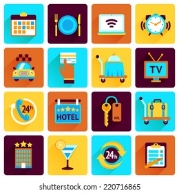 Hotel booking perfect services flat icons set with bell food luggage isolated vector illustration