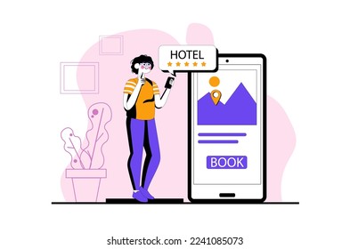 Hotel reservando el concepto de morado con la escena de la gente en el estilo de las caricaturas planas. Las mujeres eligen el mejor hotel para unas vacaciones de verano. Ilustración vectorial.