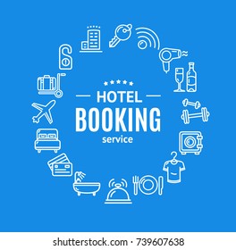Hotel Booking Round Design Template Line Icon Concept Service Business for Web and App on a Blue. Vector illustration