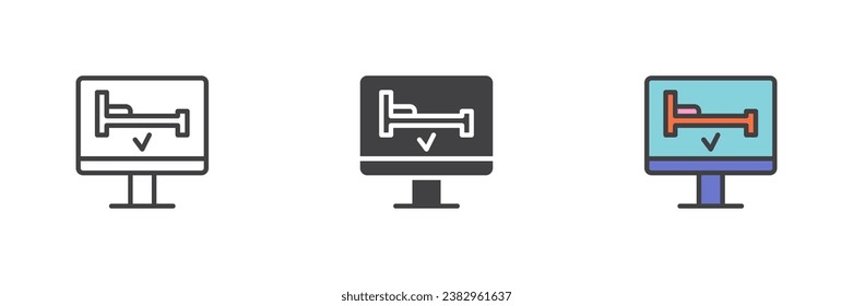 Hotel booking service different style icon set. Line, glyph and filled outline colorful version, outline and filled vector sign. Computer screen with bed symbol, logo illustration. Vector graphics