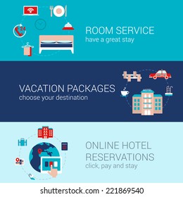 Hotel booking travel business concept flat icons banners template set room service vacation tourism packages online hotel reservation vector web illustration website click infographics elements