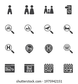 Hotel booking vector icons set, modern solid symbol collection, filled style pictogram pack. Signs, logo illustration. Set includes icons as family room, online hotel rating, travel schedule calendar