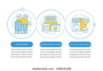 Hotel booking vector infographic template. Business presentation design elements. Accommodation, apartment reservation. Data visualization with steps, options. Process timeline chart. Workflow layout