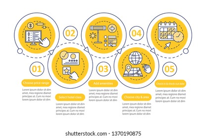 Hotel booking vector infographic template. Apartment reservation. Business presentation design elements. Data visualization with steps and options. Process timeline chart. Workflow layout with icons