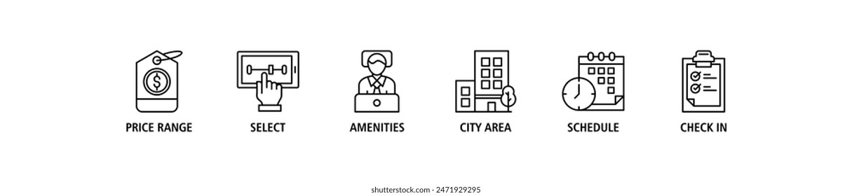 Hotel booking web banner icon set vector illustration concept consists of city area, check in, schedule, amenities, select, price range icon live stroke and easy to edit