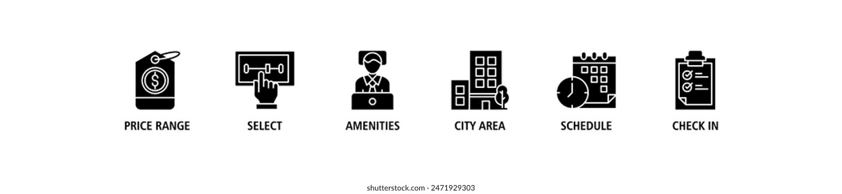 Hotel booking web banner icon set vector illustration concept consists of city area, check in, schedule, amenities, select, price range icon live stroke and easy to edit
