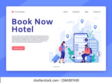 Hotel booking website. Mobile app for tourists and travellers, hotel room reservation digital service concept vector landing page template. Accommodation search tool. People with luggage illustration