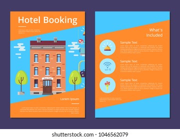 Hotel booking and whats included in it informative page template with brick building, gold bell, wifi icon and flowers in vase vector illustration.