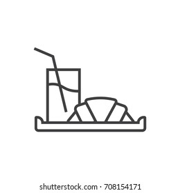Hotel breakfast tray with croissant and juice line icon. 