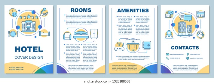 Diseño de plantilla de folleto del hotel. Habitaciones servicios y comodidades. Volante, folleto, diseño de impresión con ilustraciones lineales. Diseños de páginas vectoriales para revistas, informes anuales, carteles publicitarios