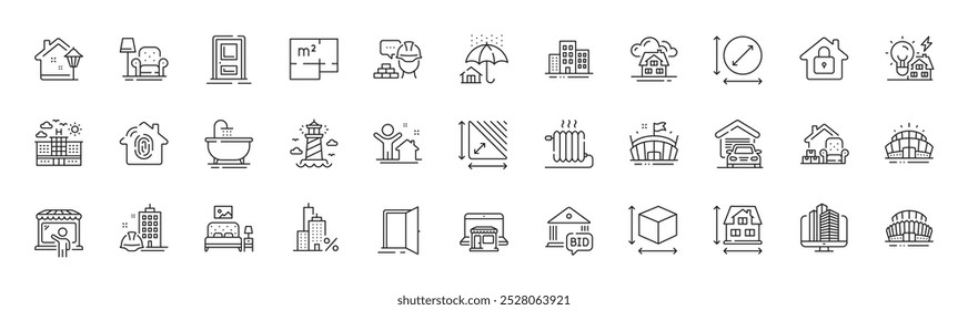Hotel, Construir e licitar oferecem ícones de linha. Pacote de dimensão Casa, Tamanho da caixa, ícone do farol. Construção, embalagem de coisas, pictograma do mercado. Energia de construção, eclusa, banho. Ícones de linha. Vetor