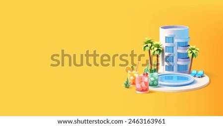 Hotel building, 3D Realistic rendering with palm trees, a swimming pool, and cool drinks. Yellow banner for advertising summer vacation, tourism, and booking the best hotels. Vector