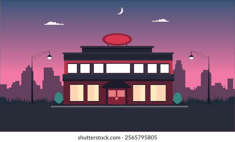 Hotel Building Architecture Landscape with Cityscape and Crescent Moon in the Evening