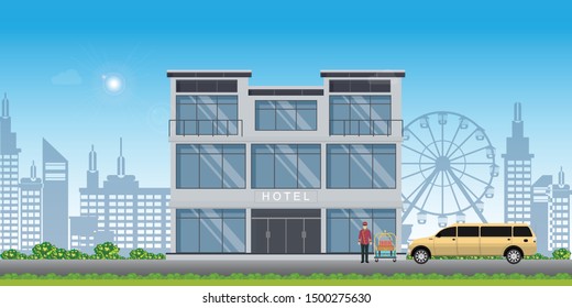 Hotel Building With Hotel Bellboy Service And Limousine Car In The City View And Big Skyscraper Town Landscape. Vector Illustration.