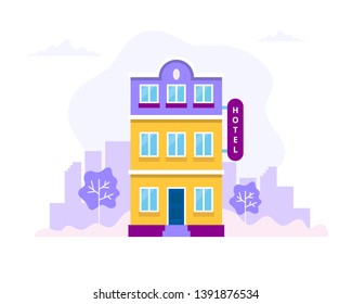 Hotel building with city background. Concept vector illustration in flat style for booking, reservation, travel, architecture, business.