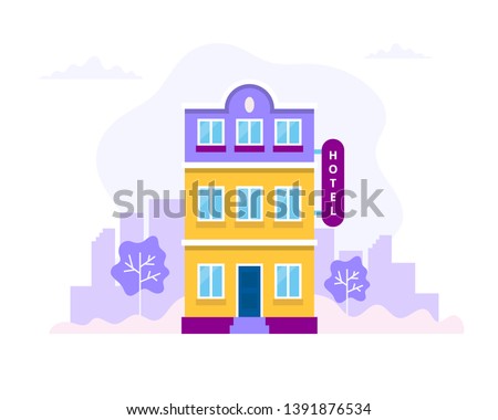 Hotel building with city background. Concept vector illustration in flat style for booking, reservation, travel, architecture, business.