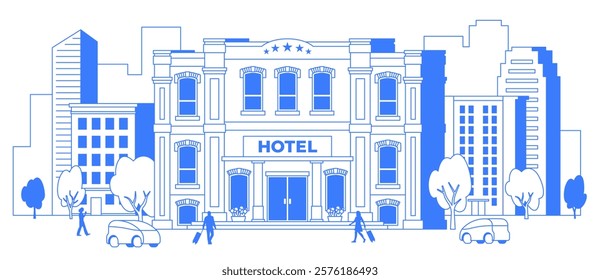 Hotel building, city center landscape graphics. Line art illustration. Resort infographic on white background. One color blue outline isolated cityscape. Downtown vintage architecture. Editable stroke