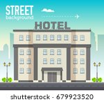 Hotel building in city space with road on flat syle background concept. Vector illustration design