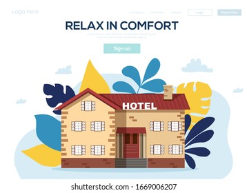 Hotel building in city space with road on flat syle. Vector illustration design background concept