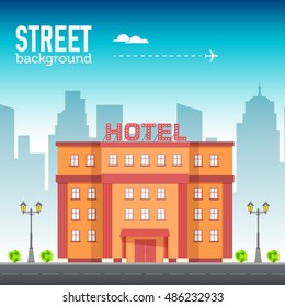 Hotel building in city space with road on flat syle background concept. Vector illustration design