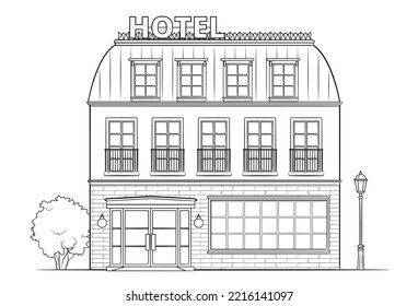 Hotel building - classic black and white illustration