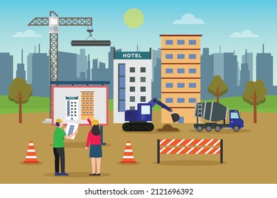 Hotel building construction with cityscape background 2d flat vector illustration concept for banner, website, landing page, ads, flyer template