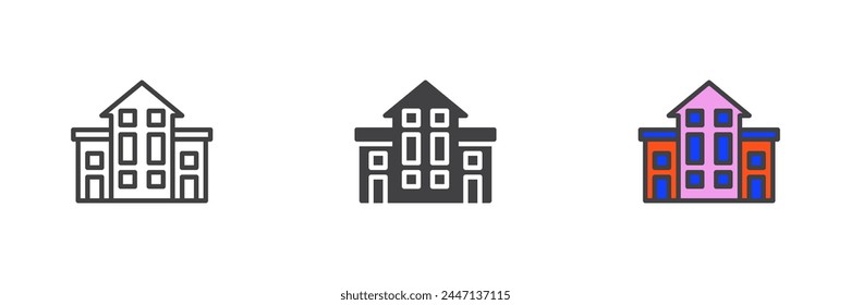 Conjunto de iconos de diferentes estilos de construcción de hoteles. Línea, glifo y contorno relleno versión colorida, contorno y Vector relleno signo. Símbolo, ilustración del logotipo. Vector gráfico