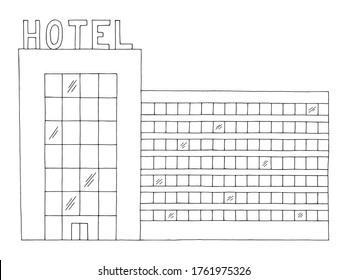 Hotel building exterior front view graphic black white sketch illustration vector