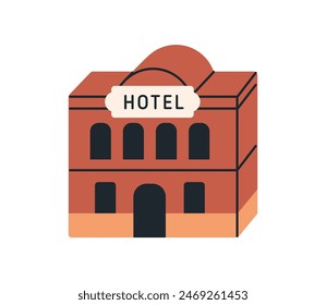 Hotel building exterior. Touristic accommodation. Hostel facade, architecture. Commercial housing, construction. City motel for holiday trip. Flat vector illustration isolated on white background